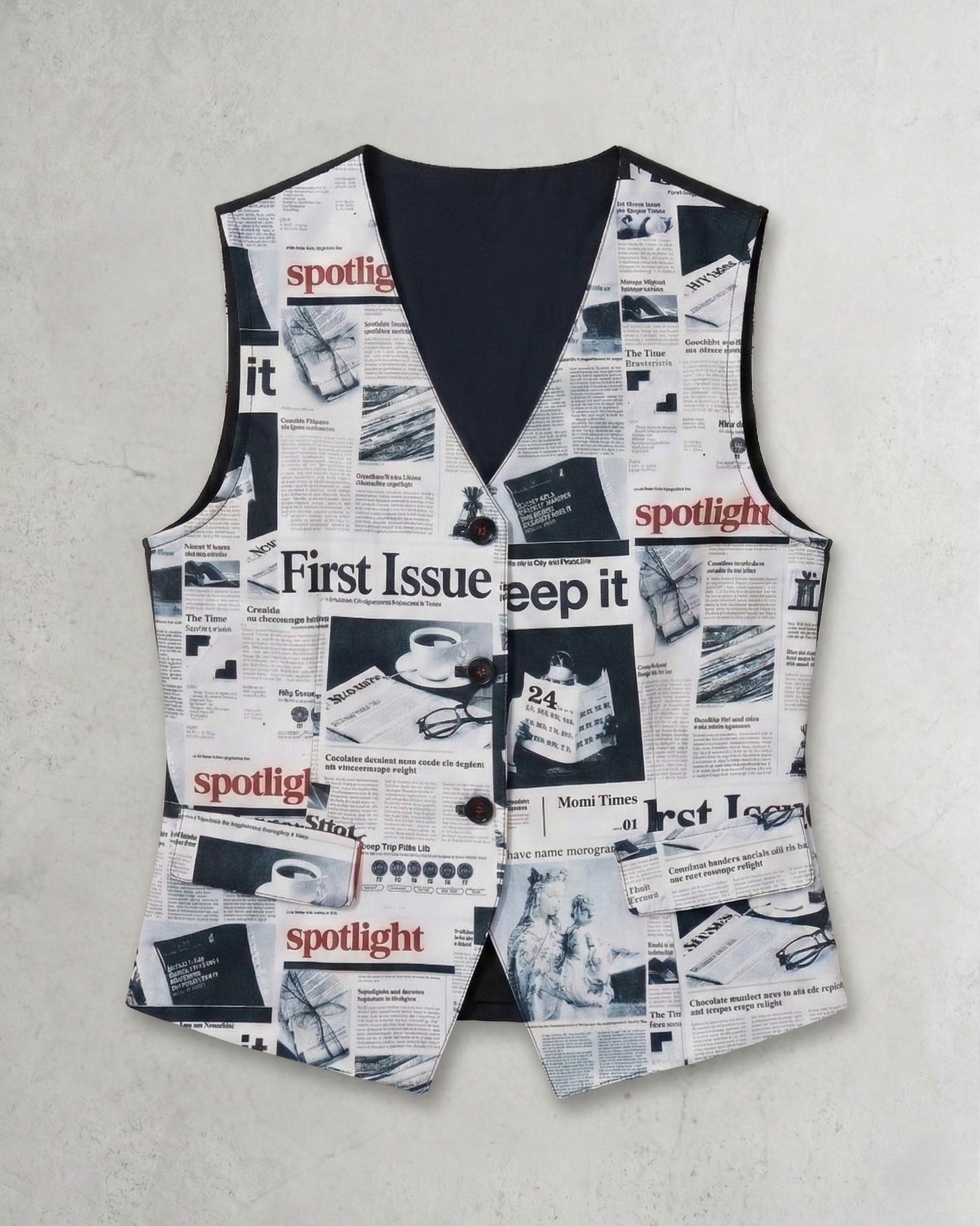 ニュースペーパー柄ベスト